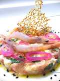 Tartare di gamberi rosa in panzanella con corallo in paprika dolce
