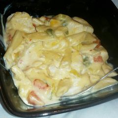 A picture of Pasta and chicken stew.
