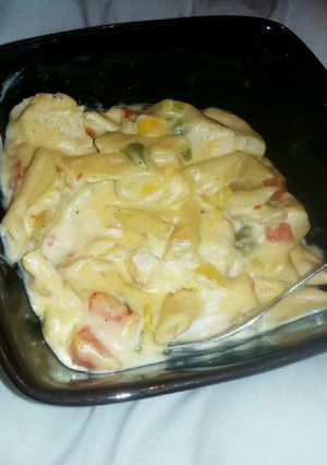 A picture of Pasta and chicken stew.