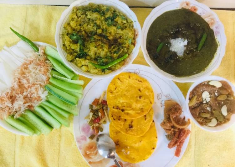 Recipe of Perfect Sarson Ka Saag,Makki Ki Rotis, turnips Bhaji,hot dry fruits Gur