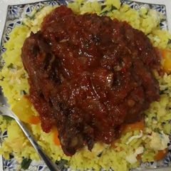 A picture of Chinese rice and stew.