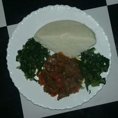 A picture of Ugali,liver and spinach.
