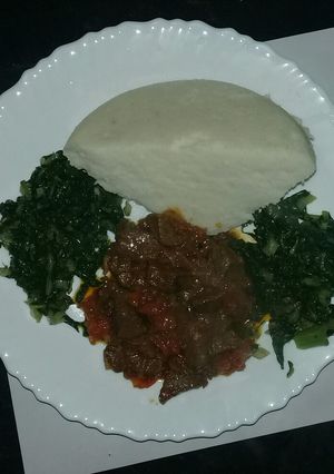 A picture of Ugali,liver and spinach.