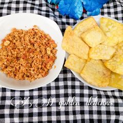 Fried yam with scrambled egg sauce A picture of Fried yam with scrambled egg sauce.