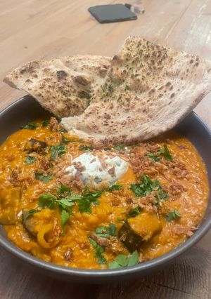 A picture of Roasted Aubergine & Coconut Dahl.
