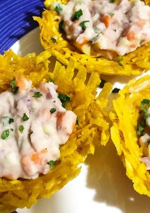 A picture of Green Plantain Baskets Filled with Tuna Salad.