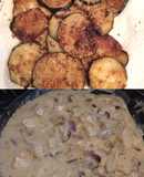 Reciclando (berenjenas apanadas y pollo con salsa champiñones)