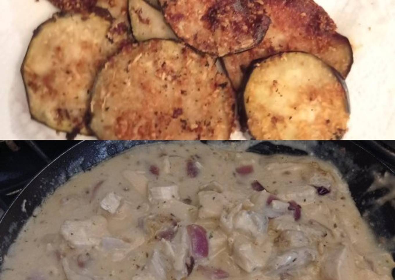 Reciclando (berenjenas apanadas y pollo con salsa champiñones)
