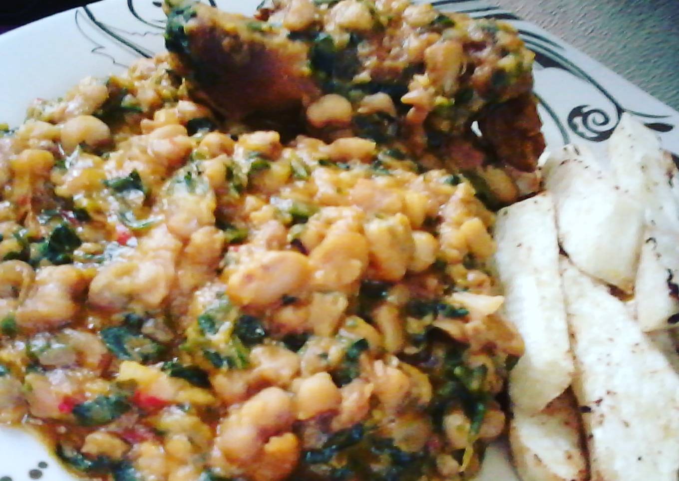 Grilled Chicken, Ugu Vegetable Honey Beans and Fried Yam Fingers