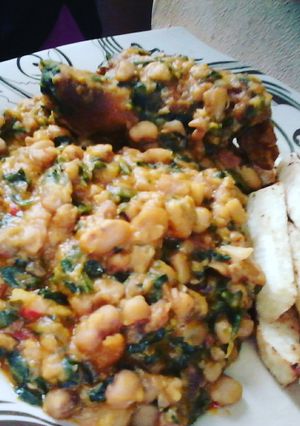A picture of Grilled Chicken, Ugu Vegetable Honey Beans and Fried Yam Fingers.