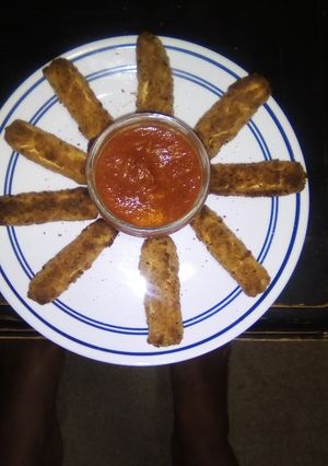 A picture of Faux "mozzarella" sticks.