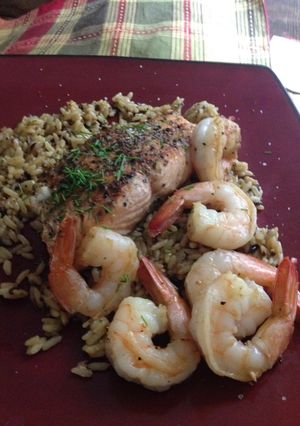 A picture of Easy salmon & shrimp w/ wild & brown rice...
