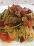 Fettuccine Paglia e Fieno with Amatriciana Sauce and Artichoke Hearts