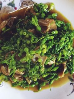 Hình của món Thiên lý xào chay nấm rơm.