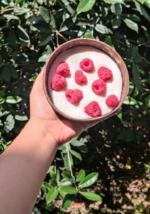 Une photo de Crème dessert coco framboise
