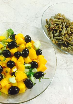A picture of Mango and Jamun Salad with Pink Bodi and Plantains.