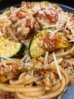 A picture of Chicken Sausage Pasta Bolognese.