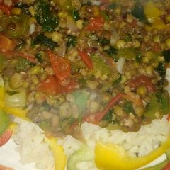 A picture of Greengrams stew and rice.