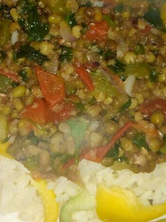 A picture of Greengrams stew and rice.