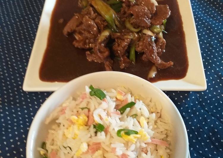 Carne mongoliana con arroz chaufa.