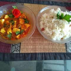 Paneer korma with jeera rice A picture of Paneer korma with jeera rice.