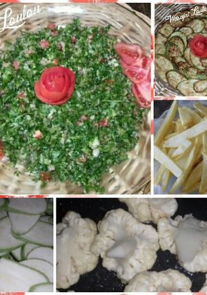 A picture of Fried Vegetables with Tabbouleh Salad.