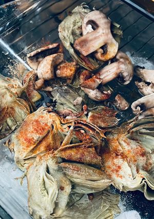 Una foto de Alcachofas tostadas con champis en air fryer