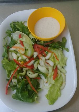 A picture of Vegetable salad with yoghurt dressing. # Eastercontest#.