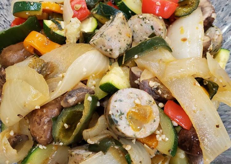 Onion and pepper stir fry with chicken sausage