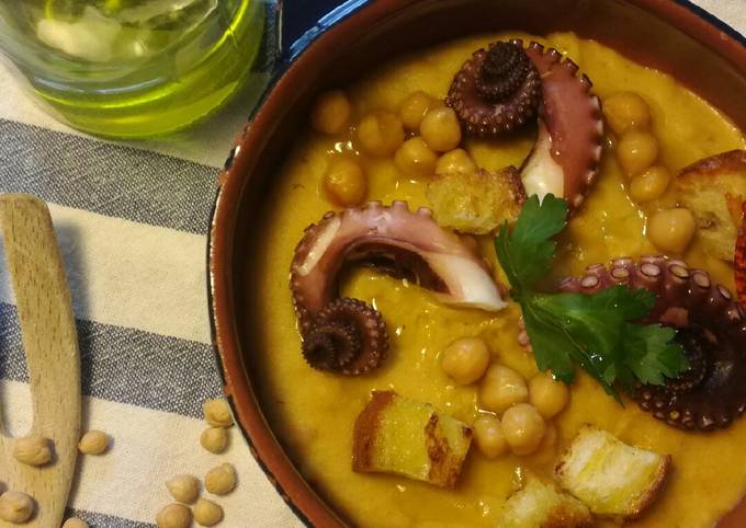 Ricetta di Perfetto Vellutata di ceci e 🐙 polpo con crostini di pane 🍞