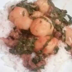 A picture of Rice with a spinach and beef stew.