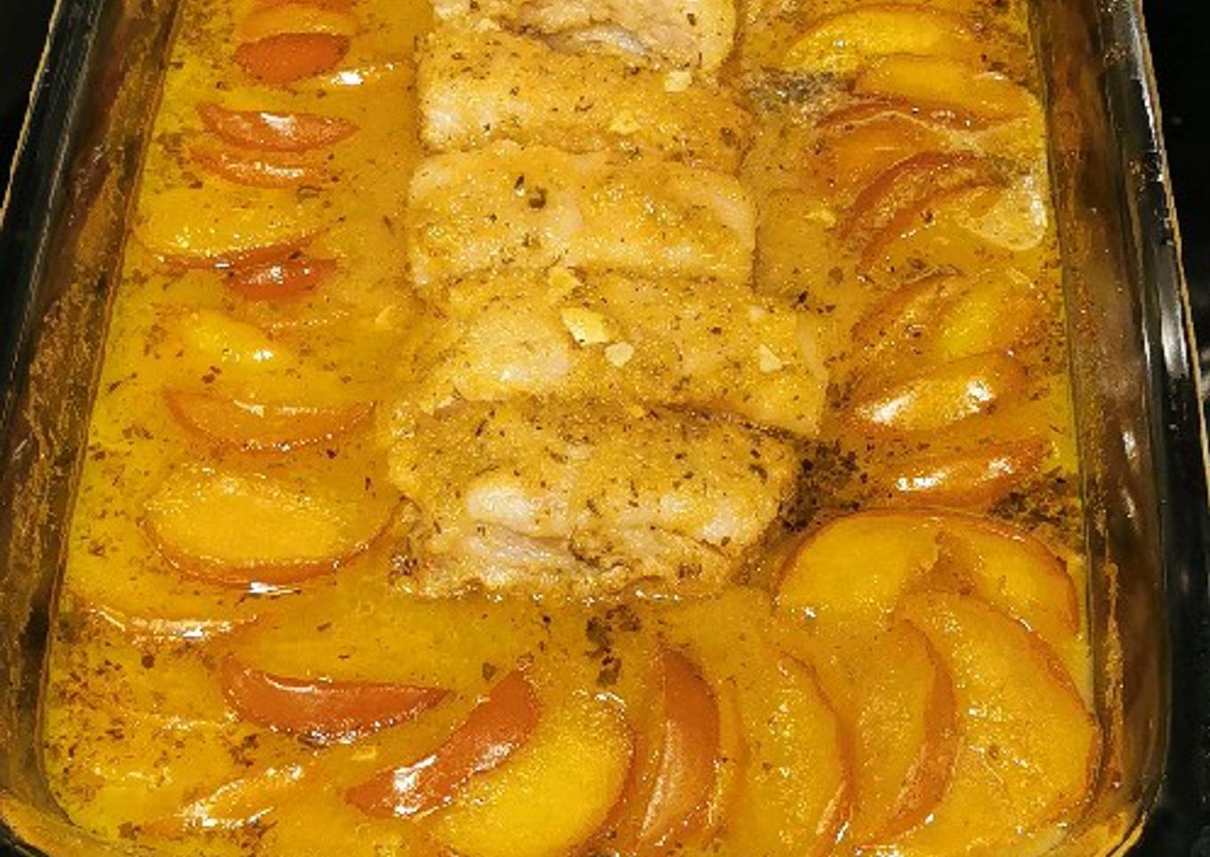 Roast pork with bacon and apples