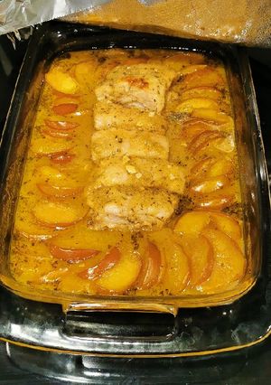 A picture of Oven Roasted Pork Belly and Apples.