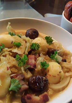 A picture of Sig's German Cabbage, Chestnuts and Potato Dumpling Soup.