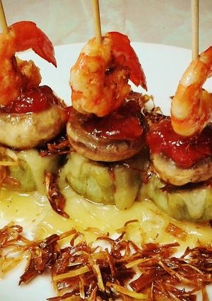 A picture of Artichoke Heart, Mushroom, and Shrimp Skewers.