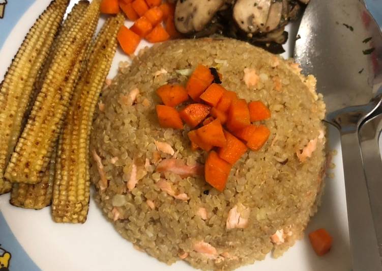 Cara Membuat Salmon fried Quinoa + Parsley Mushroom and Baby Corn Lezat