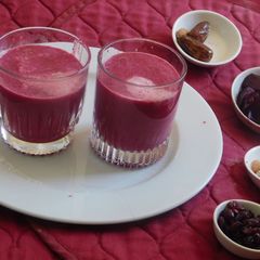 Cold beet almond milkshake with dried cranberries and dates A picture of Cold beet almond milkshake with dried cranberries and dates.