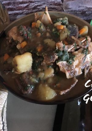 A picture of Sweet potatoes pepper soup with Isiewu (Goat head).