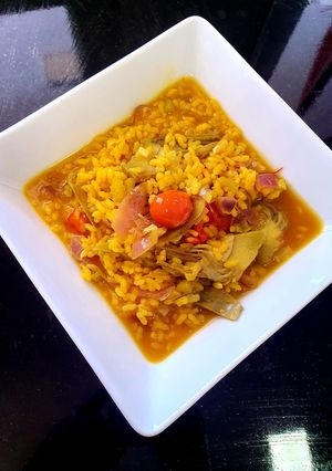 Una foto de Arroz caldoso de verduras con caldo de sobras de pavo asado