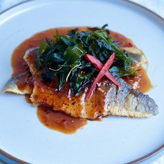 A picture of Pan fried seabass with sweet chilli sauce.