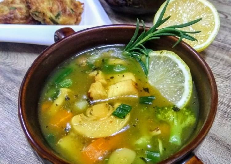 Recipe of Perfect Supreme chicken veg soup with classic potatoes puffs