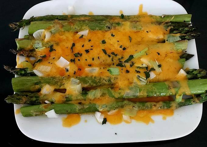My Grilled Asparagus with Cheese Melted Over and Spring Onion