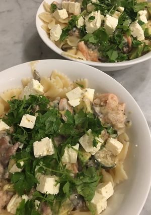 A picture of Salmon pasta.