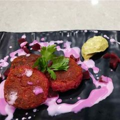 A picture of Beetroot galauti kebbab with achari mayo dip.