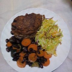 A picture of Potato croquette with banana and pumpkin.