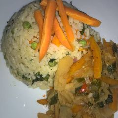 White fried rice with potato and vegetable soup A picture of White fried rice with potato and vegetable soup.