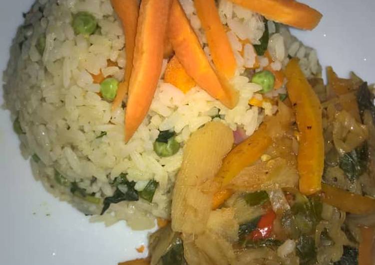 White fried rice with potato and vegetable soup