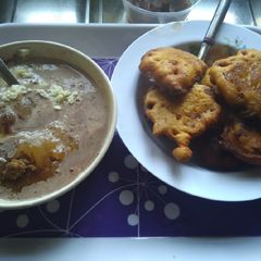 A picture of Home made Akara(beans cake) with custard. #Abuja.