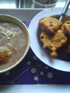 A picture of Home made Akara(beans cake) with custard. #Abuja.
