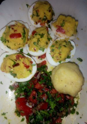 A picture of 'Mayai Mwitu' Deviled Eggs With Uber-Kenyan Kachumbari, Matoke.
